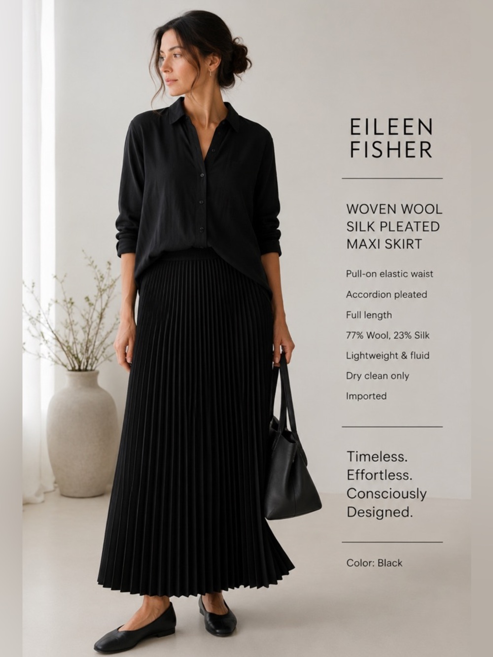 Eileen Fisher Black Wool Silk Pleated Maxi Skirt NWT Pull On Petite Small